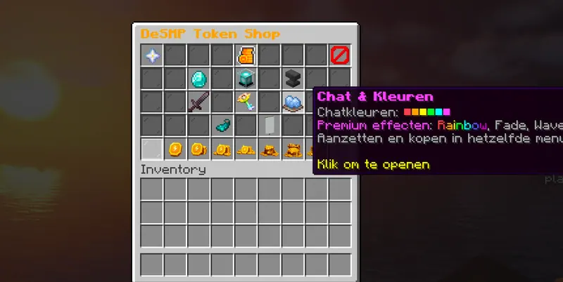 Het DeSMP Token Shop-menu in het spel, met de tab Chat & Kleuren open